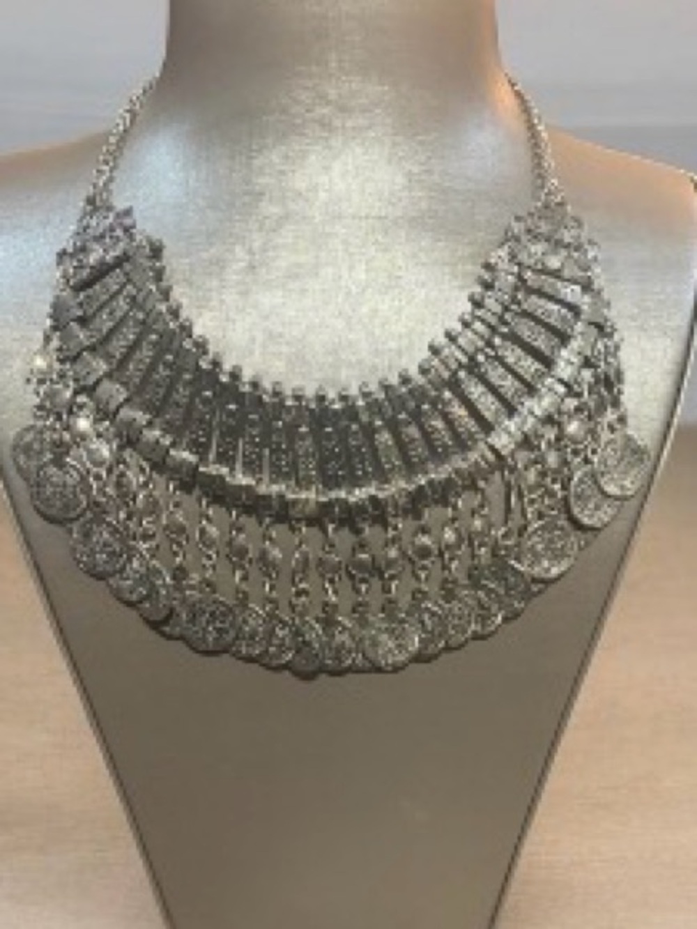 Vintage Turkish Coin Bib Silver Tone Matte Necklace.